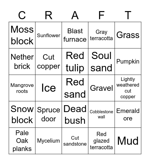 Minecraft block Bingo Card