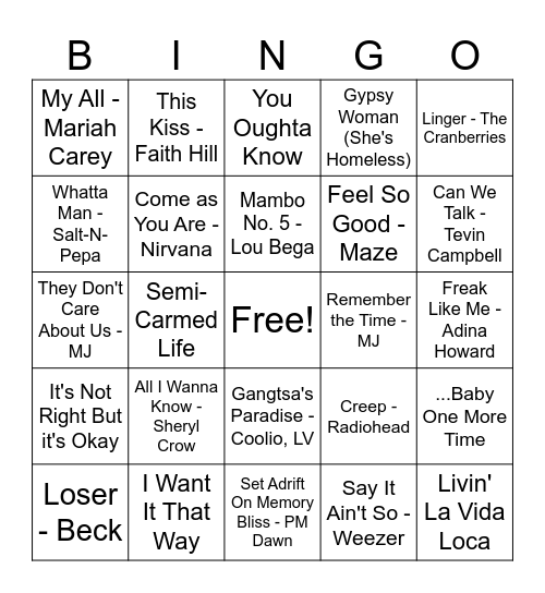Kai's General 90s Bingo Card