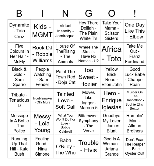 Our House Musical Bingo Card