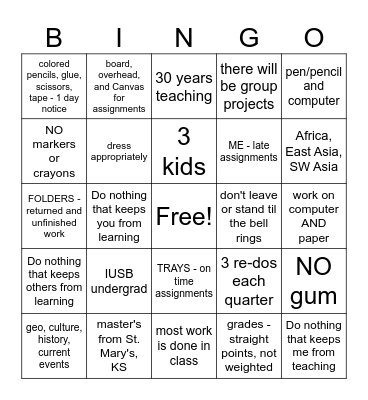 Mrs. Ton's Social Studies Class Bingo Card