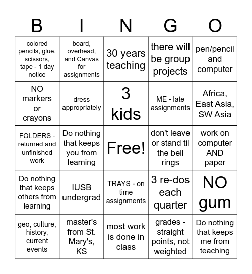 Mrs. Ton's Social Studies Class Bingo Card