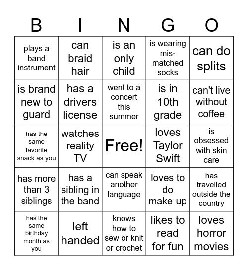 Colorguard Bingo Card