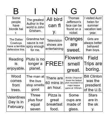 Fact and Opinion Bingo Card