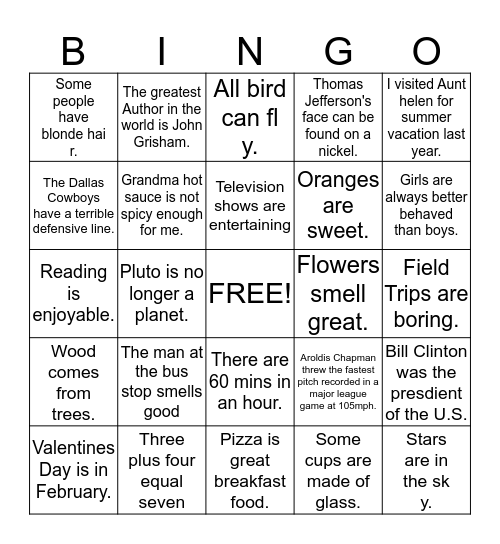 Fact and Opinion Bingo Card