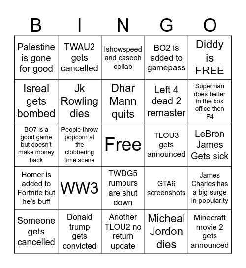 2nd half of 2025 bingo Card