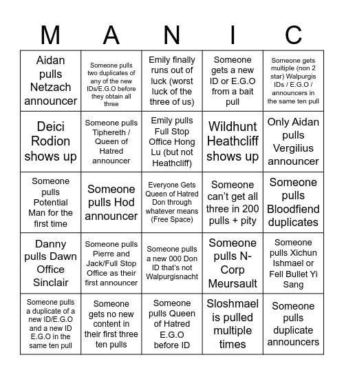 Walpurgisnacht: Love and Hate Bingo Card