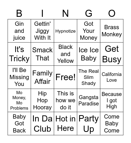 Hip Hop-80s to Today Bingo Card