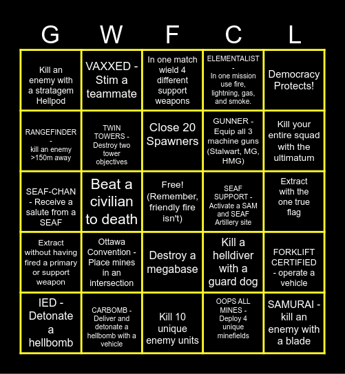 Helldivers 2 Bingo Card