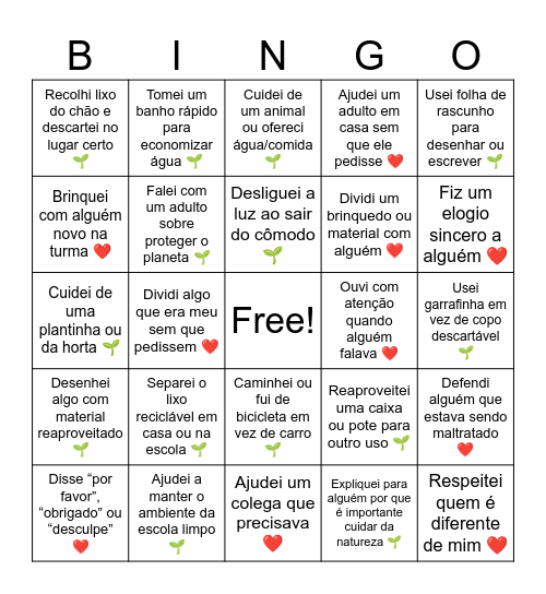 Bingo das Boas Atitudes – Sustentabilidade e Direitos Humanos Bingo Card