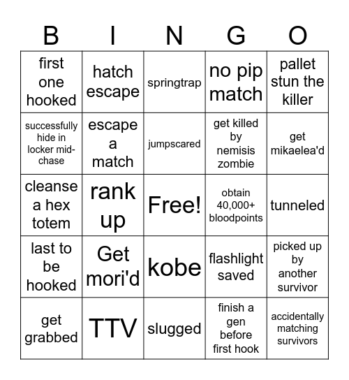 DBD Survivor Bingo Card