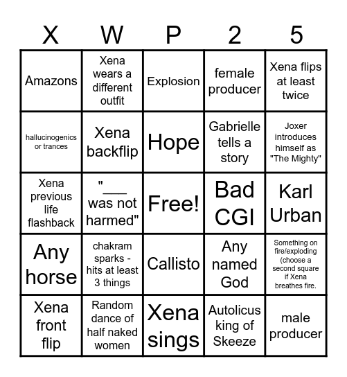 Xena Retreat Bingo 2025 (intro creds do not count, extro creds do!) Bingo Card