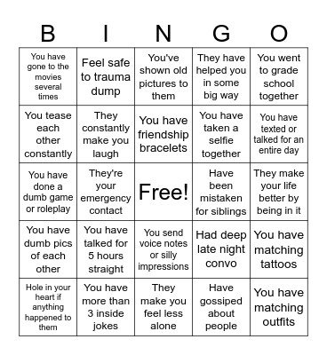 Best Friend Bingo Card