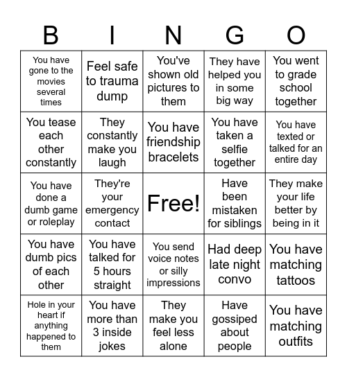 Best Friend Bingo Card