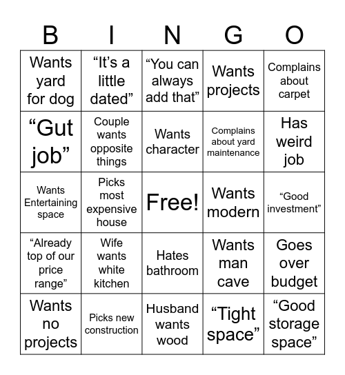 House Hunters Bingo Card