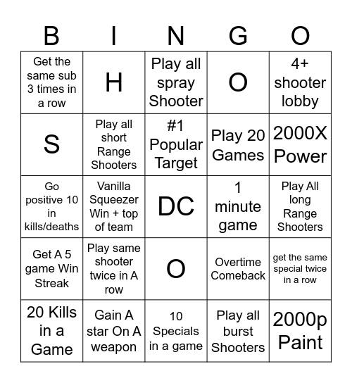 Shooter Mania Bingo Card