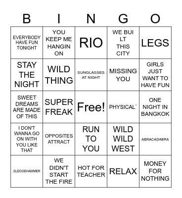 80'S MTV Bingo Card