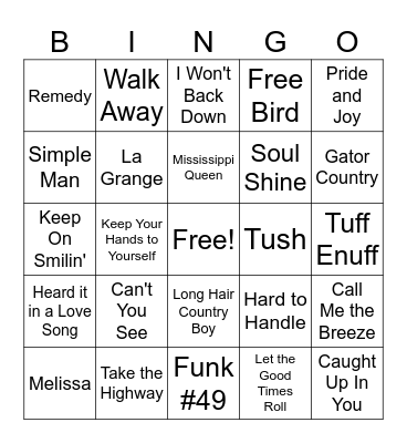 Southern Rock Bingo Card