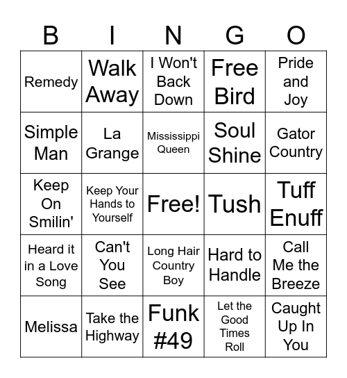 Southern Rock Bingo Card