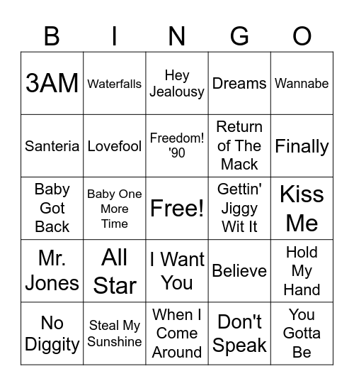 90's Hits Bingo Card
