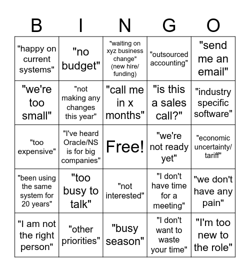 Objection Handling Bingo Card