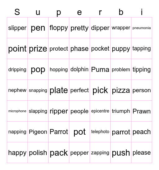 /P/ Spelling Rule Bingo Card