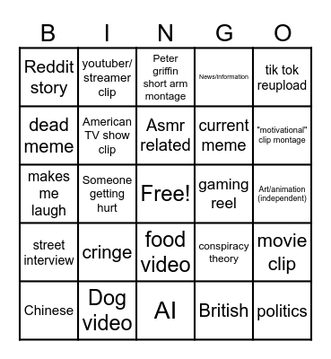 Instagram reel bingo Card