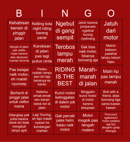 Kenangan with my motorcycle gue Bingo Card