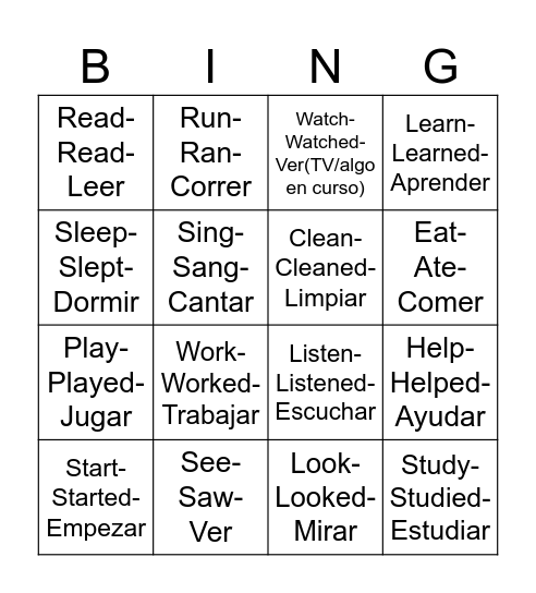 Bingo: VERBS Bingo Card