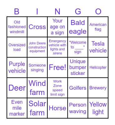 Road Trip Bingo Card