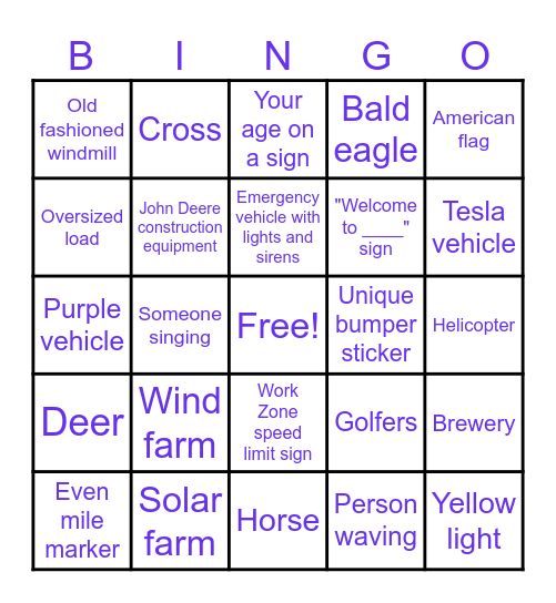 Road Trip Bingo Card