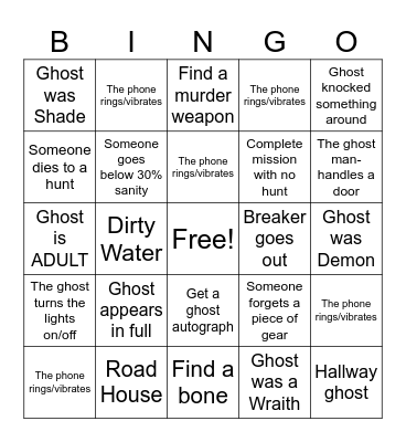 PhasmoPHOBIA Bingo Card