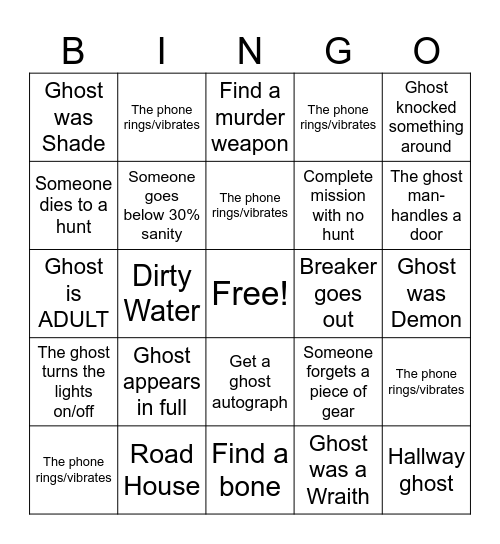 PhasmoPHOBIA Bingo Card