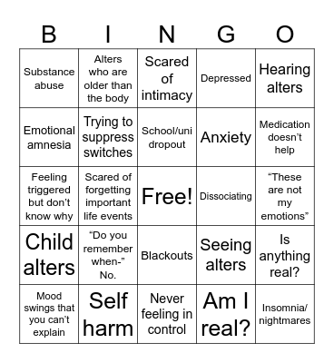 Dissociative Identity Disorder Bingo Card