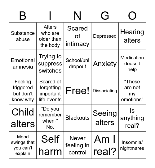 Dissociative Identity Disorder Bingo Card
