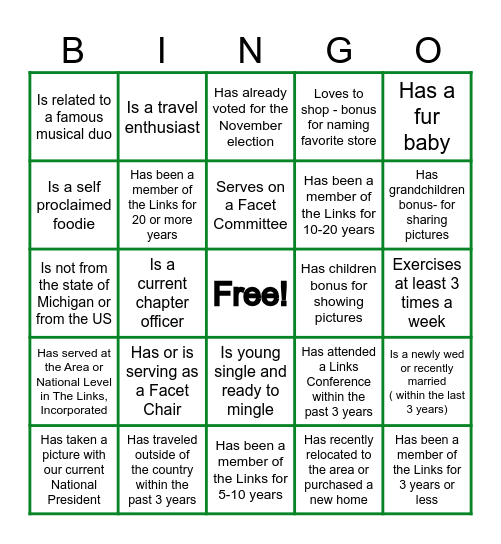 Ann Arbor ( MI) Links Bingo Card