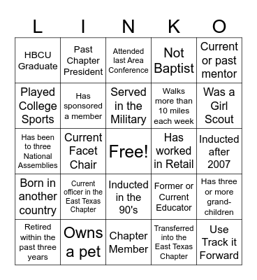 Linking with Friends Bingo Card
