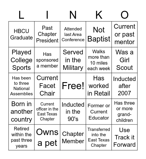 Linking with Friends Bingo Card