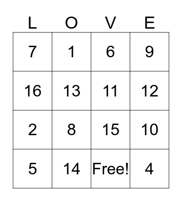 Bridal Shower Bingo Card