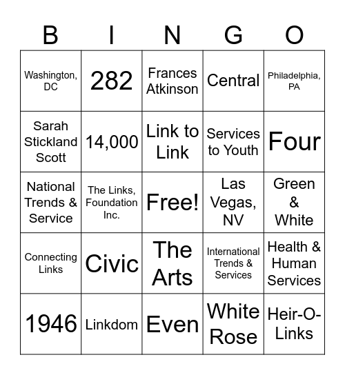 The Links, Inc. Bingo Card