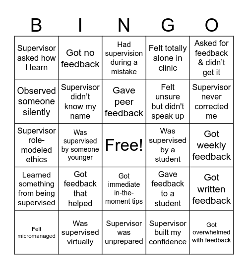 Audiology Supervisory Bingo Card
