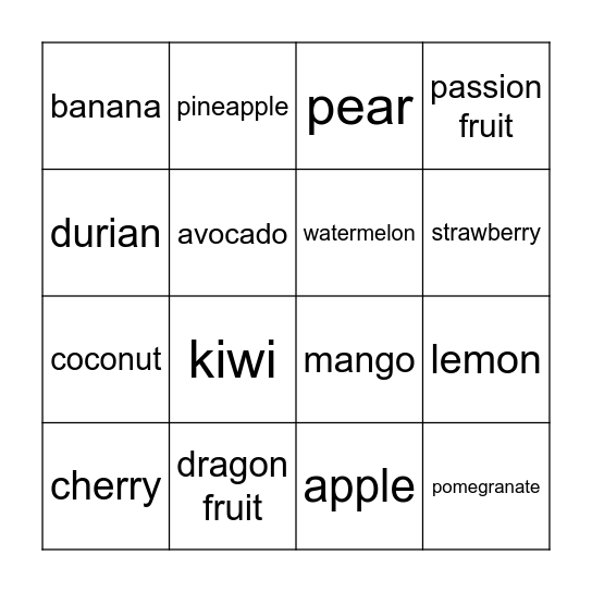 fruit Bingo Card