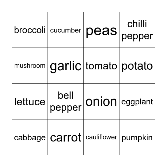 vegetable Bingo Card