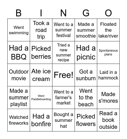 Summer Bingo Card