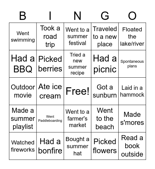 Summer Bingo Card