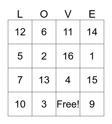 Bridal Shower Bingo Card