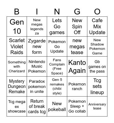Pokemon Presents Bingo Card