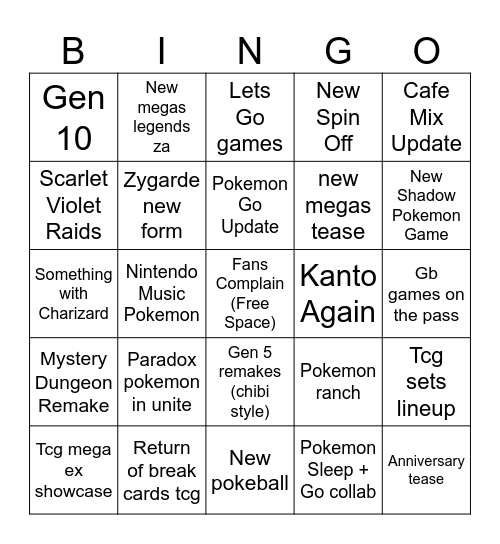 Pokemon Presents Bingo Card