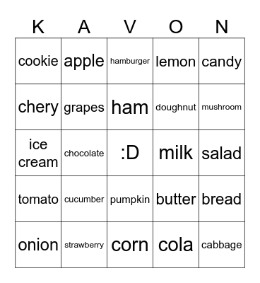 Vegetables/Fruits/Food/Drinks Bingo Card