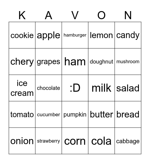 Vegetables/Fruits/Food/Drinks Bingo Card