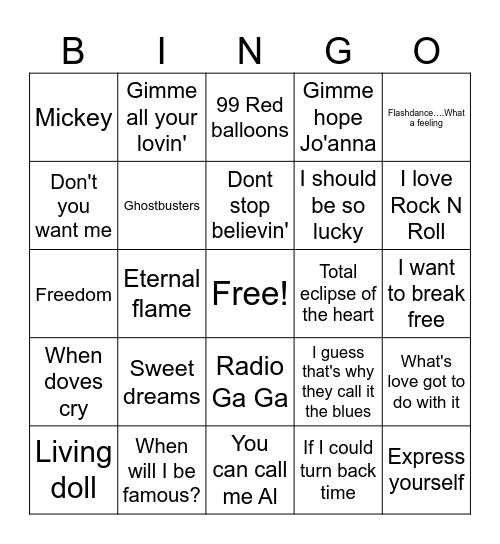 80's Bingo Card